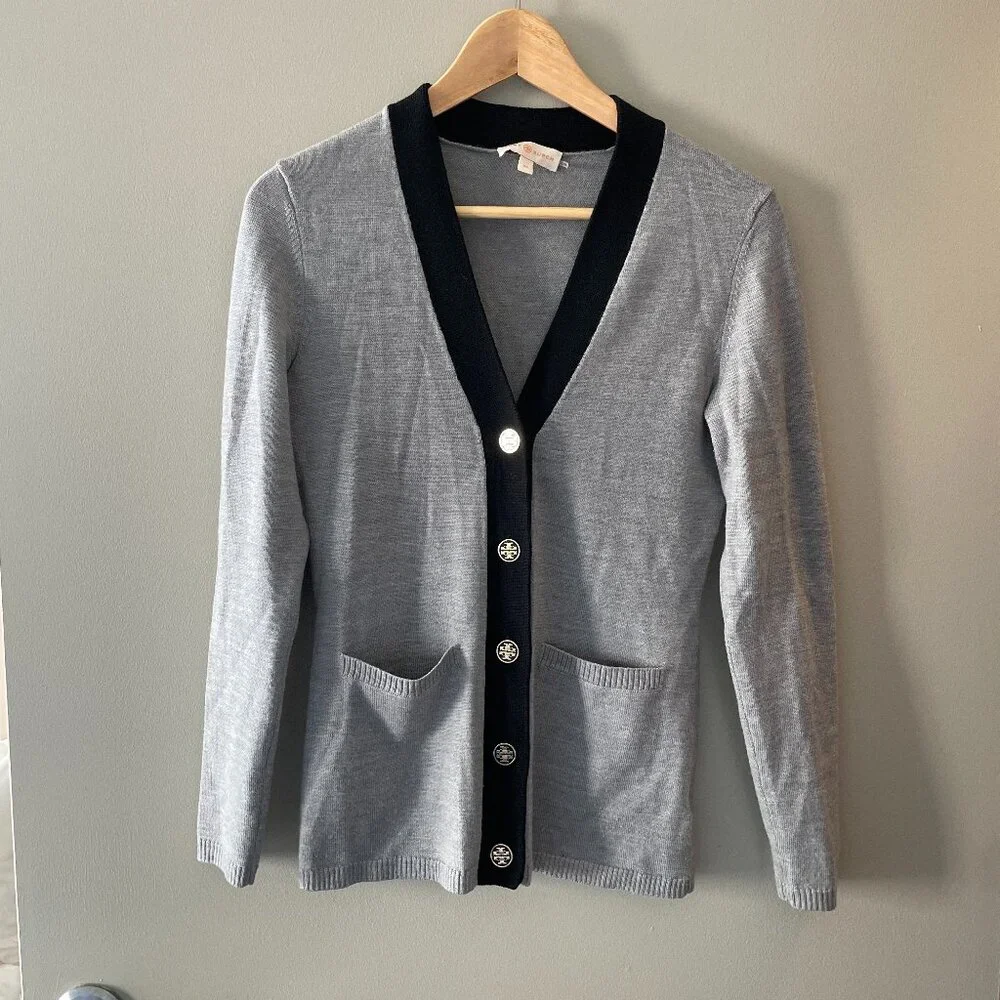 GUC Tory Burch Simone Wool Cardigan Gray Black Tipped Size XS
